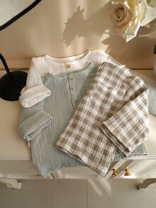 3pcs/Set Baby Boy Spring Summer Double Gauze Cotton Muslin Tops, Baby T Shirt Clothes Baby Boy Plaid - Multicolor - View 1
