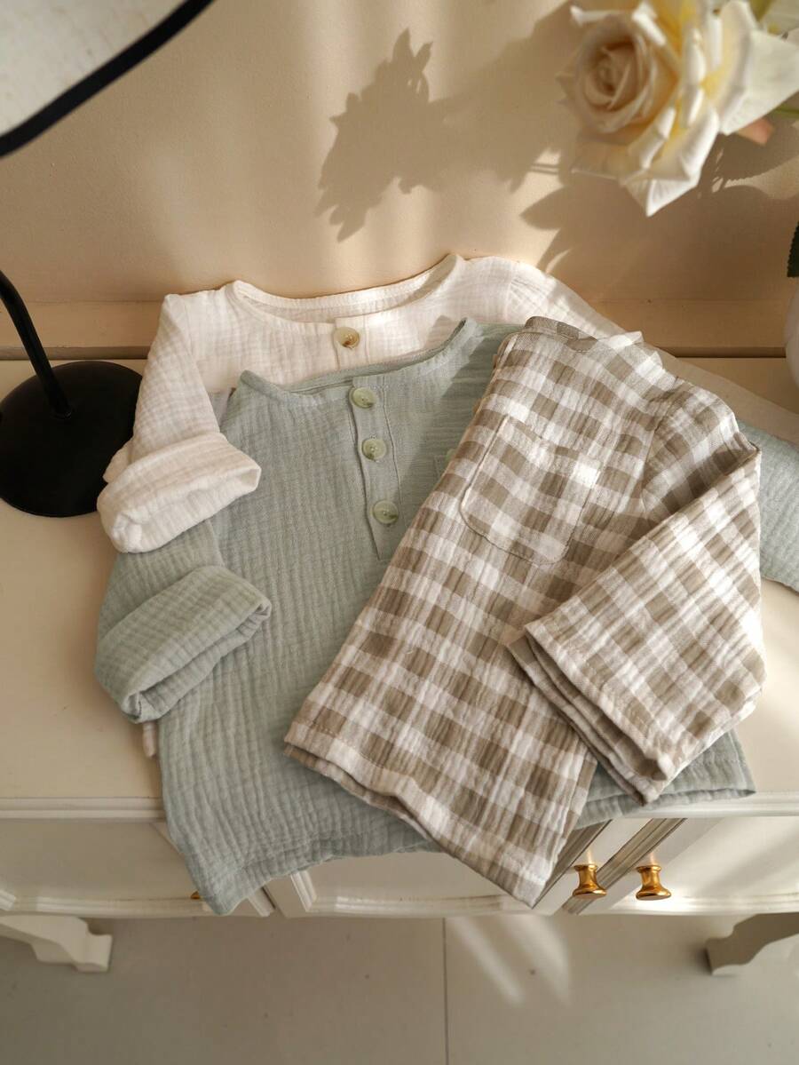 3pcs/Set Baby Boy Spring Summer Double Gauze Cotton Muslin Tops, Baby T Shirt Clothes Baby Boy Plaid - Multicolor - View 1