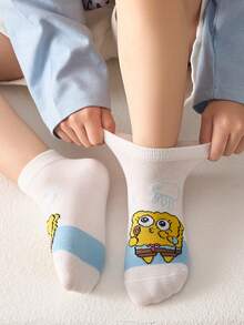 SPONGEBOB 海绵宝宝 5 双儿童短袜趣味新奇卡通海绵宝宝夏季透气吸湿印花袜儿童吸湿排汗适合日常旅行上学穿低帮短袜学生船袜