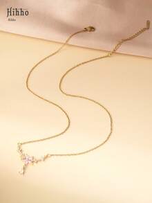Hihho 1 chiếc vòng cổ hoa, vòng cổ choker thanh lịch và tối giản cho nữ, mặt dây chuyền khảm đá Cubic Zirconia kiểu Pháp hình hoa 5 cánh, thích hợp để đeo hàng ngày, làm quà tặng ngày lễ và hẹn hò, màu hồng - Vàng - Xem 5