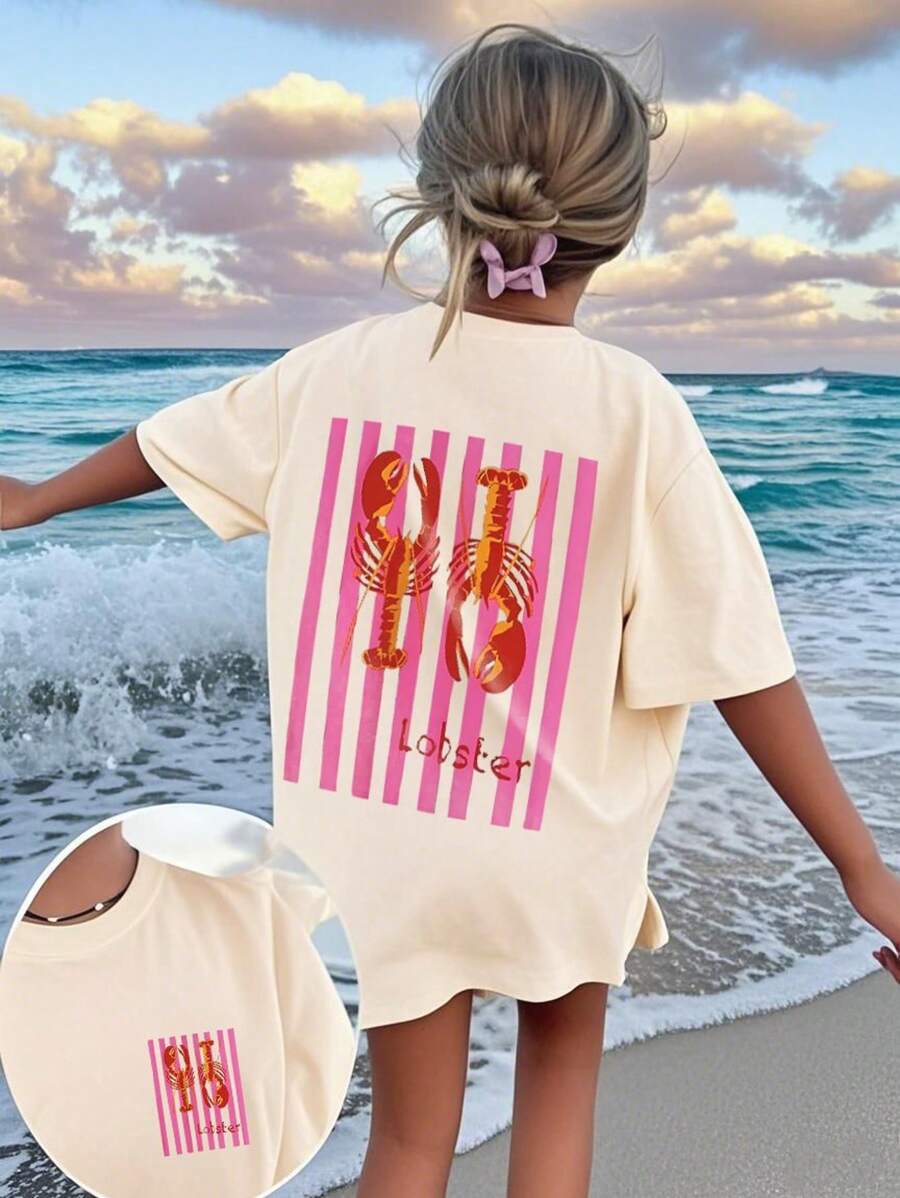 1 pieza Camiseta de manga corta con estampado de langosta tropical para niñas preadolescentes, ropa para estudiantes y niños pequeños, adecuada para actividades en la playa/océano