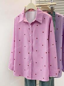 Women's Heart Print Polo Collar Striped Shirt - Casual Button-Up Long Sleeve Vacation Top For Spring Summer Fall Everyday Outfits