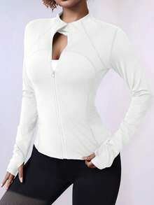 Plus Size Zipper Long Sleeve Sports Jacket With Tight Fit, Thumbhole Cuffs, For Women, Fitness, Yoga, Running - White - View 4