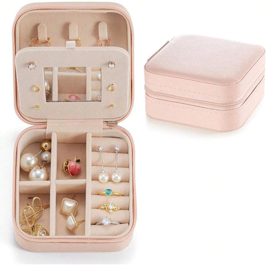 New- All Travel Jewelry Case, To Go Portable Jewelry Box, Travel Jewelry ,Portable Jewellery Storage Holder For Rings Earrings Necklace, Gifts For Girls Women Mirror -Pink - 粉色 - 查看 1