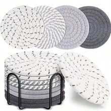 8 件带支架的饮料杯垫，简约餐桌编织杯垫，厨房餐桌耐热杯垫和厚隔热垫，4 种颜色吸水杯垫套装，用于家居装饰桌面保护，适用于各种杯子，4.3 英寸 - 多色 - 查看 13