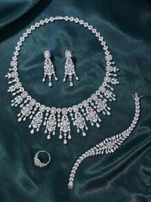 4pcs/Set Silver Color Cubic Zirconia Luxury Necklace, Earrings, Bracelet, Open Ring Party Jewelry Set For Women, Wedding & Banquet Wear