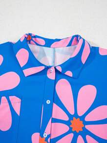 Acelitt Mono holgado de camisa con estampado de flores azul de verano, cuello camisa y botones frontales