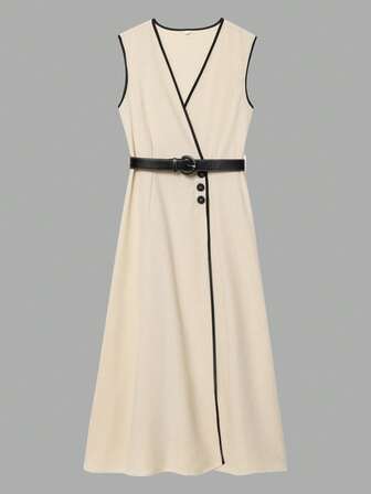 女式夏季无袖撞色饰边束带连衣裙