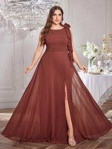 UNITHORSE Women's Round Neck Chiffon High Slit Elegant Party Bridesmaid Dress - Redwood - View 3