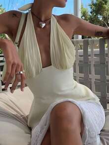 Women's Summer Fashion Tank Tops Solid Color Sleeveless Open Back Halter Neck Ruched Tops - White - View 1