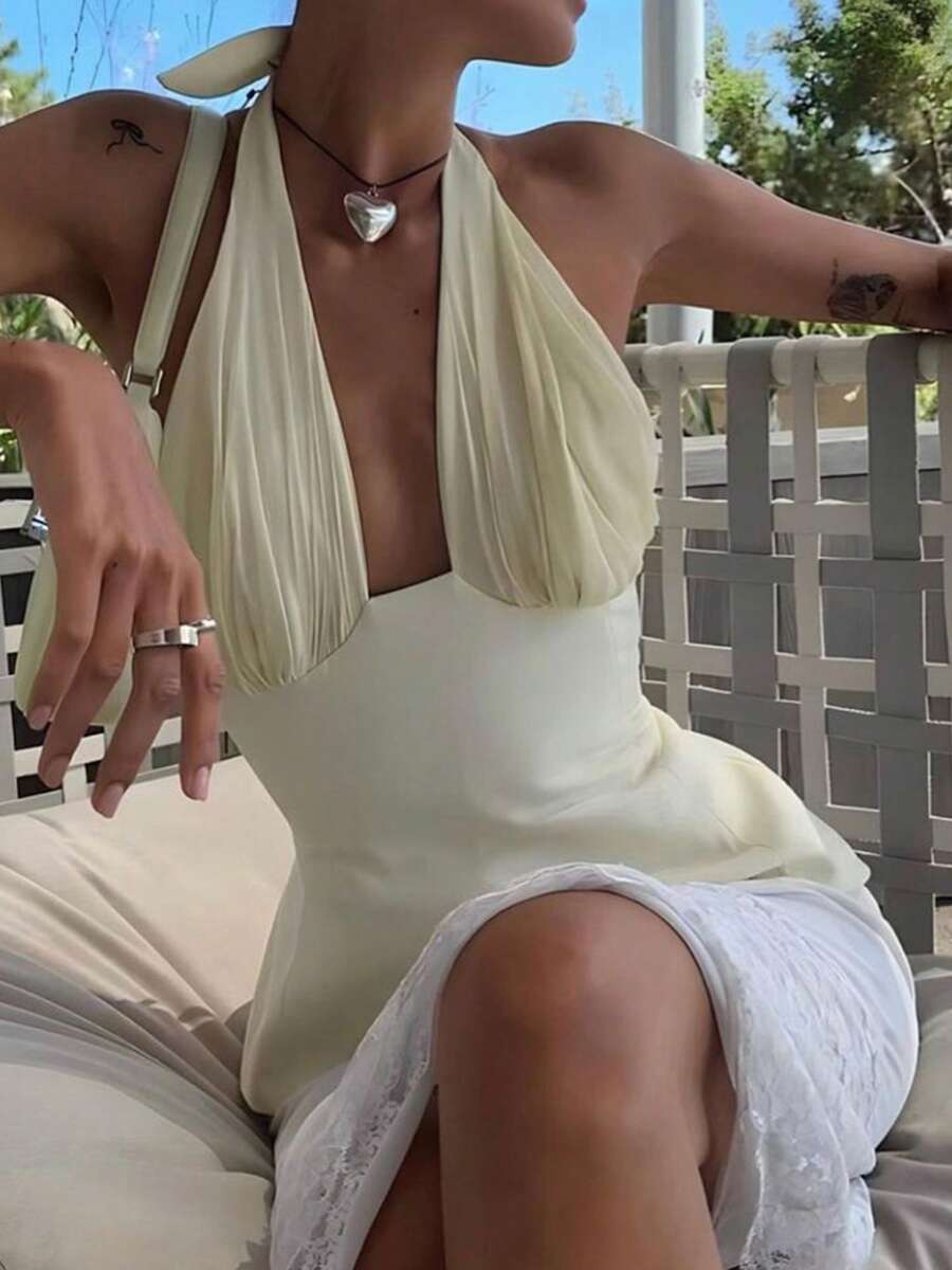 Women's Summer Fashion Tank Tops Solid Color Sleeveless Open Back Halter Neck Ruched Tops - White - View 1
