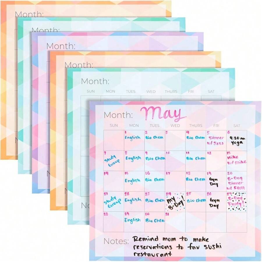 6-Pack Undated Monthly Adhesive Peel And Stick Calendar, Dry Erase Reusable Calendar For Wall, Home Office Schedule Reminders, Memo Notes, 3 Assorted Colors (13.75x12.8 In) - 1 - View 1