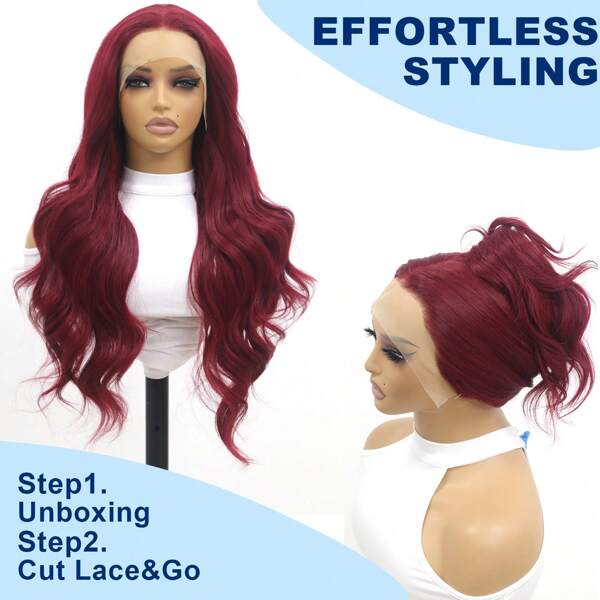 200% Density 26 Inch Body Wave Lace Front Red Wigs 13x4 HD Transparent Lace Front Wig Heat Resistant Synthetic Loose Wave Wig Burgundy 99J Wavy Glueless Lace Wig Wavy 13x4 Frontal Lace Wigs Long Wave 13*4 Red Colored Wigs