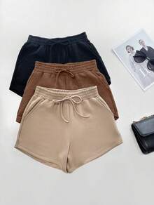 3pcs Summer Sweatshirt Shorts Kit With Drawstring Pocket For Women - Marrom/bege/preto - 查看 1