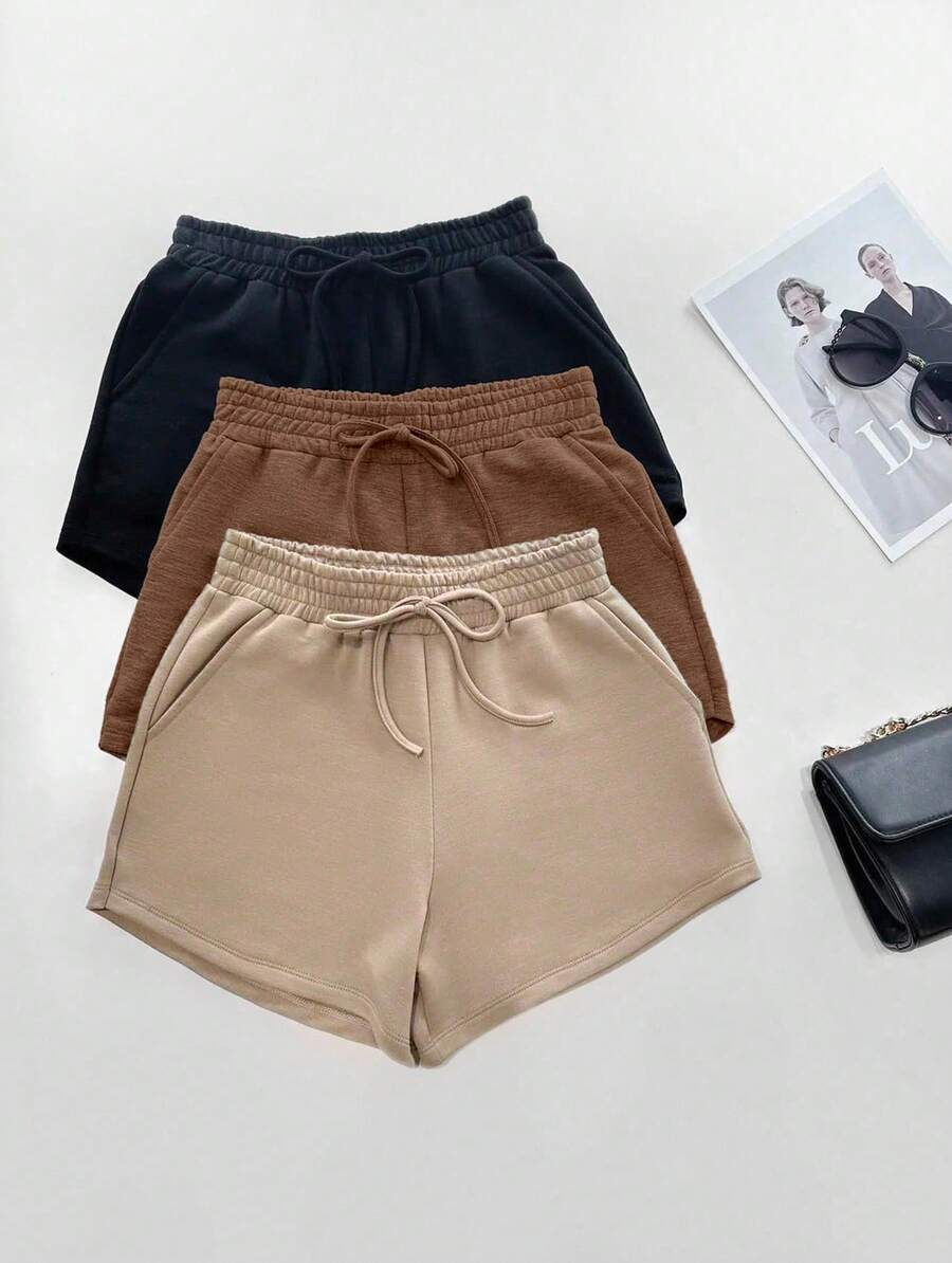 3pcs Summer Sweatshirt Shorts Kit With Drawstring Pocket For Women - Marrom/bege/preto - 查看 1