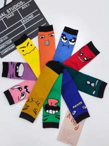 3 Pairs Random Color Block Funny Expression Street Fashion Mid-Calf Socks For Women, Style For Students And Couples