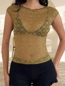 Women's Sheer Lace Tops Summer Cap Sleeve Scoop Neck Solid Color T-Shirts Blouses - 黑色 - 查看 6