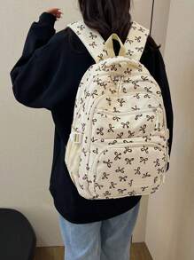 3 Pieces Set Solid Color Nylon Casual Fresh Style Strawberry, Bow Knot, Cherry Allover Printed Lanyard, Foldable Large Capacity Zipper Backpack, Suitable For Women,College Students, Going To School, Shopping, Travel Storage Bag