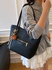1 pezzo Borsa a tracolla tote di grande capacità, minimalista, borsa da scuola/viaggio casual con cerniera e decorazione a pendente a cartone animato