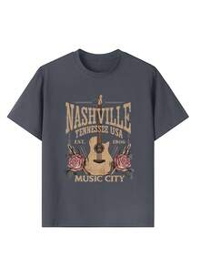 1 件女童休闲图案印花圆领短袖 T 恤，简约英文字母风格 T 恤，适合学生，夏季 - 激发想象力和自我表达 - 深灰色 - 查看 4