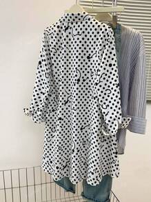 Women's High-Low Hem Polka Dot Print Longline Collared Shirt - Stage-Ready Concert Blouse For Date Nights/Festivals/Travel, All-Season Versatile Oversized Top With Front-Crop Design