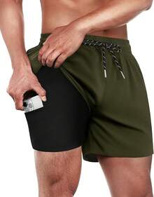 Mens Swim Trunks With Compression Lined Short Bathing Suits For Men 5 Inch Inseam Liner Men's Swimming Trunk - Army Green - View 1