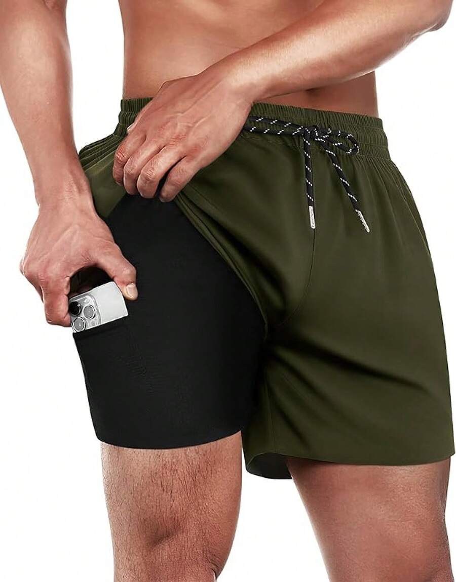 Mens Swim Trunks With Compression Lined Short Bathing Suits For Men 5 Inch Inseam Liner Men's Swimming Trunk - Army Green - View 1