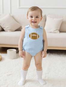 Newborn Football Outfit Baby Girl Boy Summer Romper Overalls Football Embroidery Stripe Print Sleeveless Round Neck Bodysuit Jumpsuit Summer Clothes - 藍色 - 查看 1