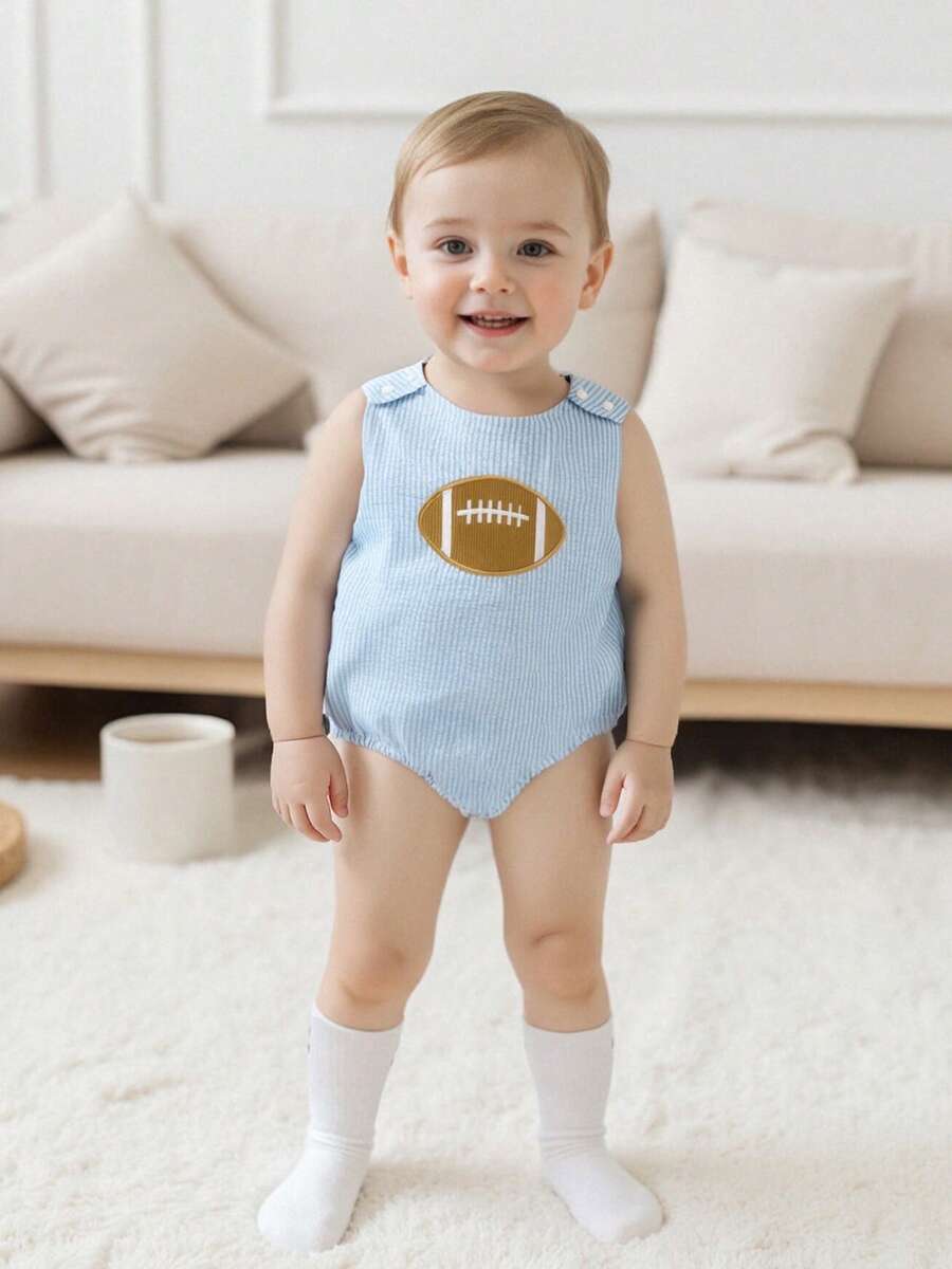 Newborn Football Outfit Baby Girl Boy Summer Romper Overalls Football Embroidery Stripe Print Sleeveless Round Neck Bodysuit Jumpsuit Summer Clothes - 藍色 - 查看 1