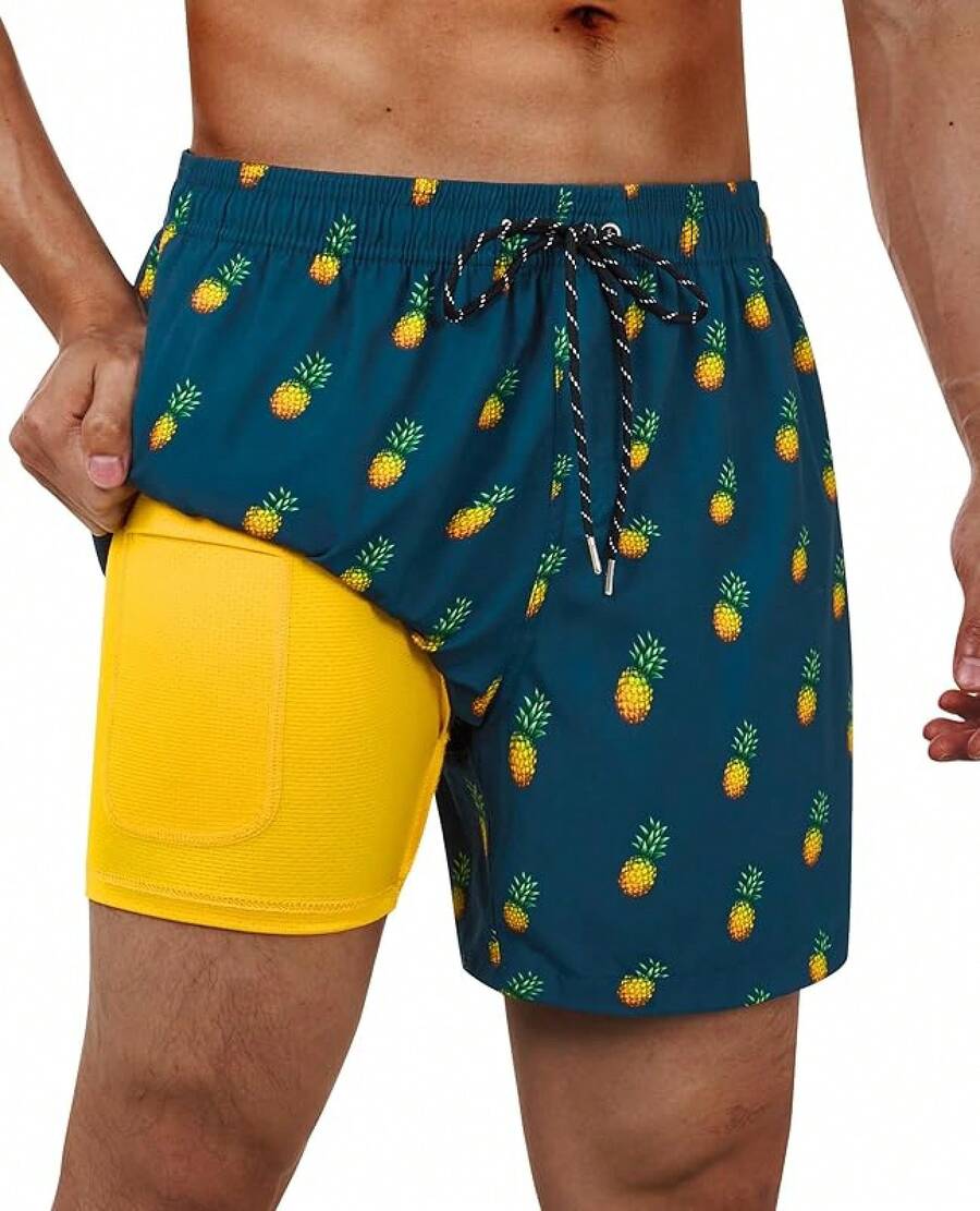 Swim Trunks Mens 5 Inch Inseam Compression Liner Short Men Bathing Suit Lined Swimming Shorts Men's Swim Suits - 鳳梨海軍藍 - 查看 1