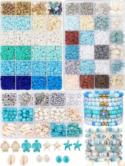 1 Box Ocean Themed Beaded Jewelry Making Kit, Summer Vacation Style Friendship Bracelet, Clay Beads For Jewelry Crafting DIY, Necklace & Earrings, Holiday Gift