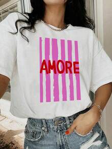 1 件女童休闲印花圆领短袖 T 恤，夏季学生年轻服装 - 简约英文字母风格 T 恤激发想象力和自我表达 - 白色 - 查看 9