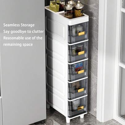 Gabinete de almacenamiento estrecho y delgado de 5 niveles, organizador de utensilios de cocina, conjunto de almacenamiento multifuncional ultrafino con cajones - Diseño anti-polvo estrecho, ahorro de espacio, caja de almacenamiento de piso a techo, gabinete de plástico multilayer para baño, organizador de cajones visibles en la ventana, adecuado para cocinas y baños, almacene artículos de aseo/papel toalla/suministros