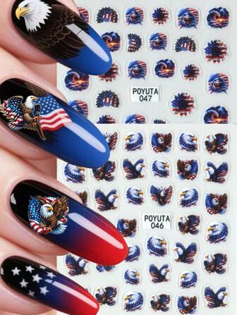 1 feuille Autocollants d'art pour ongles patriotiques, décalcomanies en plastique autocollantes avec drapeau USA, aigle, rayures, requin, fleurs et motifs de nuages, surface brillante, formes asymétriques, convient pour le DIY des femmes ou les salons de manucure