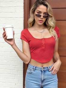 Women's Button Up Crop Top Ribbed Scoop Neck Cap Sleeve Shirt Slim Fit Summer Blouse For Casual Streetwear - 紅色 - 查看 9