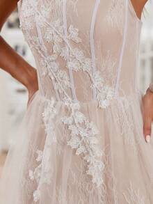 Spaghetti Strap Lace Wedding Dresses A-Line Luxury Hande Beading Bridal Gown Lace Up Back With Little Train - White - View 4