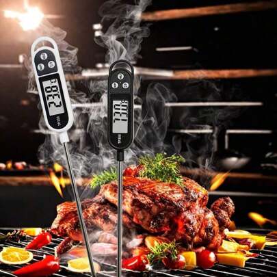 1 Pc Stainless Steel Ultra Fast Digital Instant Read Meat Thermometer With Super Long Probe For Kitchen BBQ Smoker Oven Oil Milk Yogurt Temperature And Outside, BBQ, Turkey, Candy, Liquids, Beef