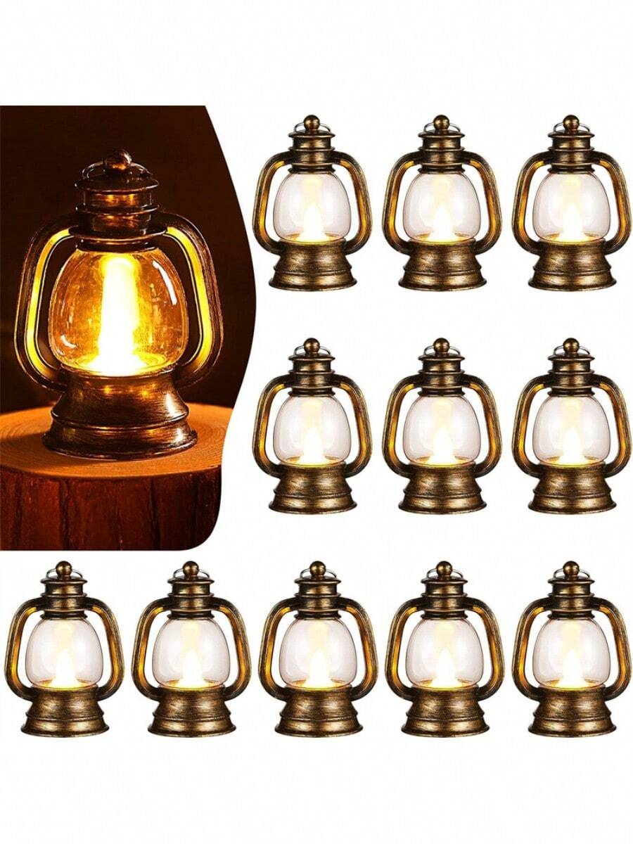 12pcs Mini Lantern With Flickering LED Candle, Vintage Candle Light Hanging Decorative, For Centerpiece Halloween Western Party Christmas Tree Decorations - Gold - View 1