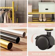 Perchero con Ruedas Dorado Organizador Estanteóvil para Colgar Ropa de Metal Percheros Burro Comercial con Estante de Almacenamiento Colgador de Ropa Percha Rodante para Sombrero y Árbol 120CM - 1 - Ver 4
