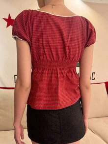 Women Y2k Fairy Grunge Button Shirts Lace Trim Square Neck Crop Top Short Sleeve Slim Fit T -Shirt Tees Going Out Blouse Tops Beach Vacation Tops For Teen Girls Summer Casual Streetwear Vintage 90s Aesthetic Clothes - Đỏ - Xem 3