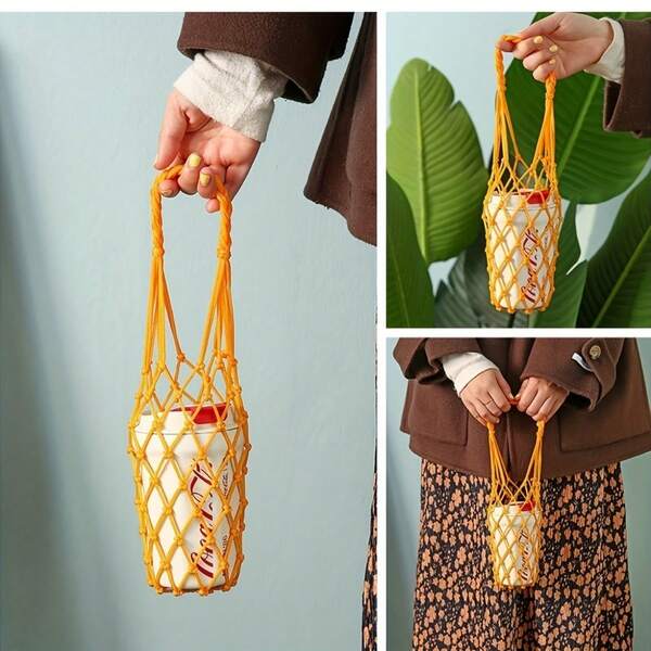 1pc Handmade Crocheted Mesh Bag, Reusable Drink Holder Pouch For Water Bottles, Coffee Cups, Gifts For Friends, Family, And Classmates