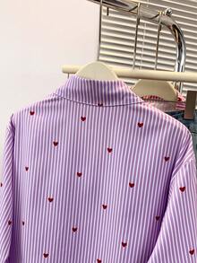 Camicia a maniche lunghe con colletto polo, stampa a cuori e righe, casual, abbottonata, adatta per primavera, estate e autunno, per uso quotidiano - Strisce viola - Visualizzare 8