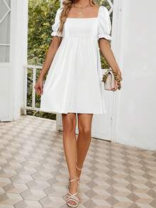 Vestido de cintura alta de manga corta con volantes y cuello cuadrado para mujer de color liso - Blanco - Ver 6