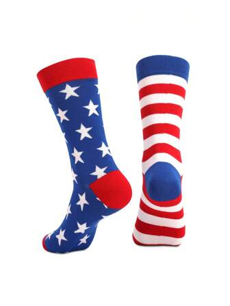 1双美国独立日美国国旗图案条纹中筒袜，秋季