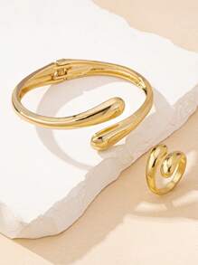 2pcs Minimalist & Elegant Teardrop Shaped Women Jewelry Set, Includes 1 Cuff Bracelet And 1 Open Ring, Suitable For Daily Life And Party Wear, Great Gift For Ladies