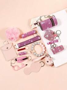 1 set de 15 pièces Porte-clés à strass pour femme - Porte-clés avec sangle de poignet, sac de rangement et accessoires de porte-carte à pompon. Kit d'accessoires de sac, de voiture