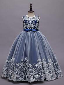 青少年女孩高端刺绣亮片无袖花童婚纱，蓬松生日婚礼派对公主礼服 - 藏蓝色 - 查看 5