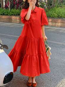 女式春夏休闲度假短款泡泡袖抽绳腰部 A 字长衬衫裙 - 紅色 - 查看 7