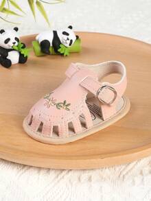 1 Pair Girls Embroidered Printed Magic Tape Design Flat Sandals Princess Shoes, Suitable For Spring, Autumn And Summer - Pink - View 5