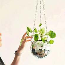 1个迪斯科球花盆，悬挂式镜面球形花盆，园艺装饰悬挂花盆，圆形玻璃花盆配金属链和木环，几何迪斯科球悬挂镜，室内外多功能收纳，生日、毕业、圣诞节、房间墙面装饰、圣诞装饰、饰品、礼物、花环、感恩节、家居装饰 - 彩色 - 查看 4